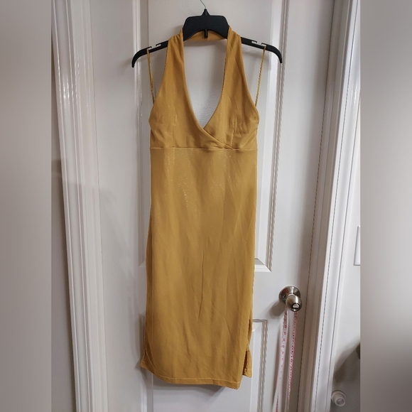 NWT Hennes Collection Gold Backless Slip Dress with Plunge Halter Neckline, 40 - Picture 1 of 11